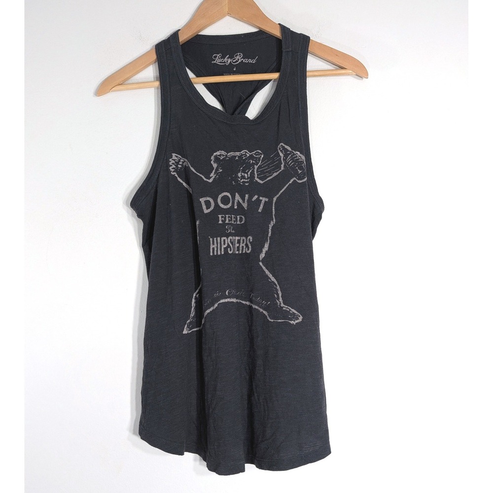 Lucky Brand Black Tank Top; Don't Feed The Hipsters Graphic Twisted Back